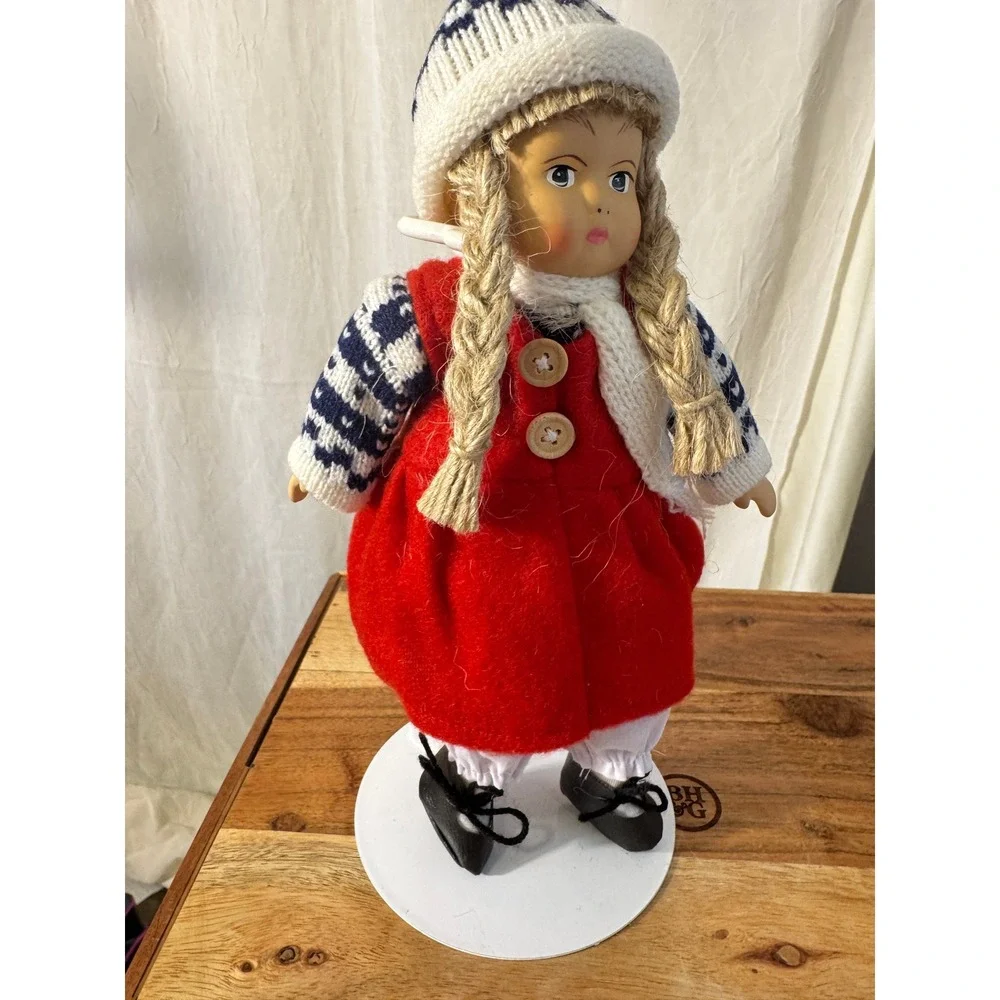 Vtg Bisque Scandinavian Girl Doll Norway Christmas Red Dress Knit Cap Wood Skiis